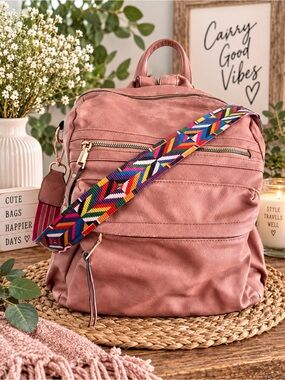 Everyday Vegan Leather Backpack Purse with Colorful Strap